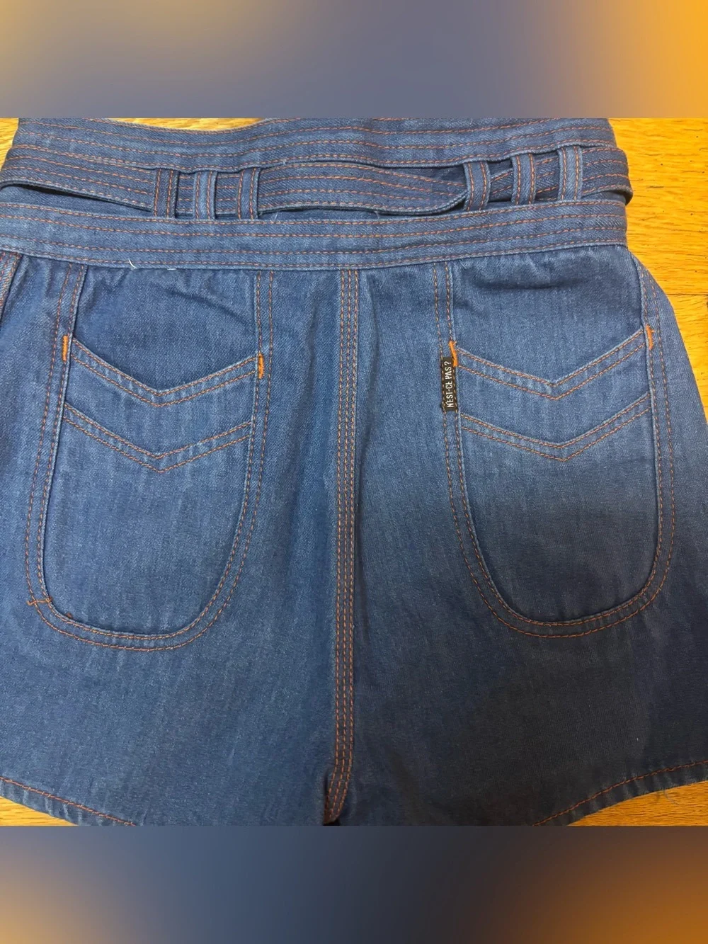 Vintage Nest Ce Pas Indigo RARE 70s High Waisted Tie Festival Jean Shorts 28 - Picture 4 of 6